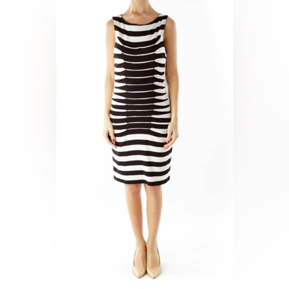 Betsey Johnson Women's Black Beige Rouched Bodycon Striped Dress Size 2